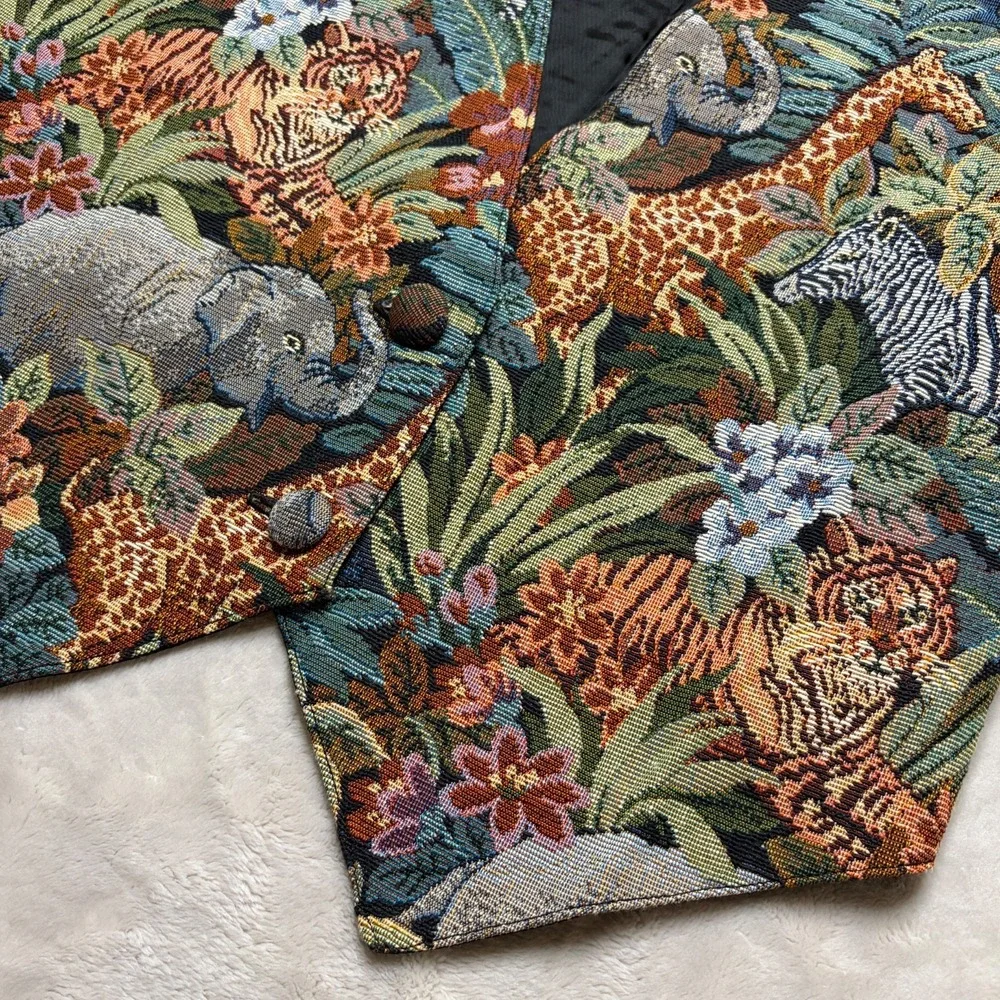 Ann Loy Vintage 90s Tapestry Vest Womens Small Jungle Safari Animal Print Boho